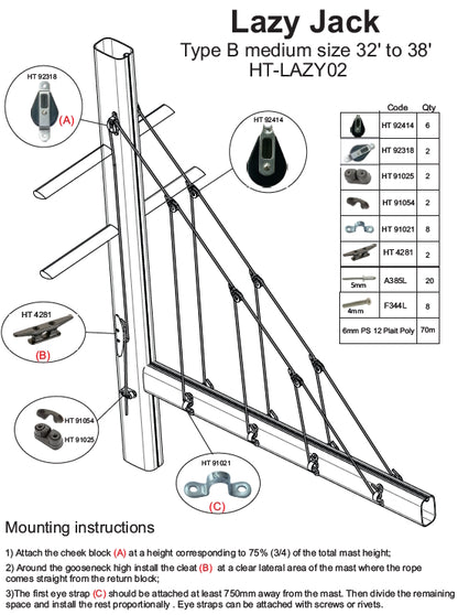Holt Lazy Jack Type For Yachts From 32’ To 38’ / 9.75m – 11.5m – With Fitting Instructions