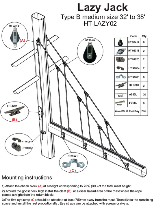 Holt Lazy Jack Type For Yachts From 32’ To 38’ / 9.75m – 11.5m – With Fitting Instructions