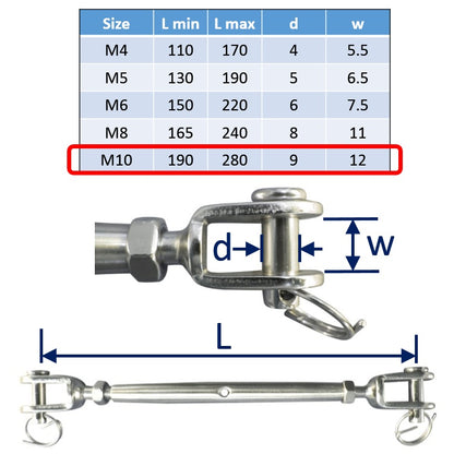 Stainless Steel Turnbuckle, For Tensioning Wire Rope Cable Assemblies, Made From 316 Marine-Grade Stainless