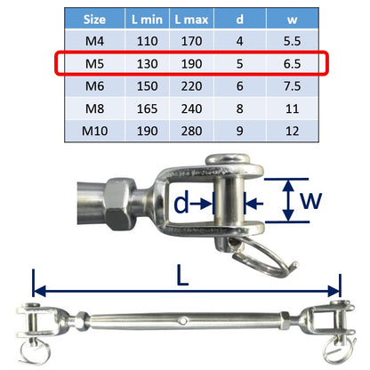 Stainless Steel Turnbuckle, For Tensioning Wire Rope Cable Assemblies, Made From 316 Marine-Grade Stainless