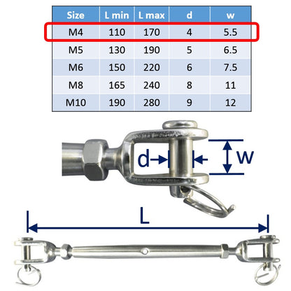 Stainless Steel Turnbuckle, For Tensioning Wire Rope Cable Assemblies, Made From 316 Marine-Grade Stainless