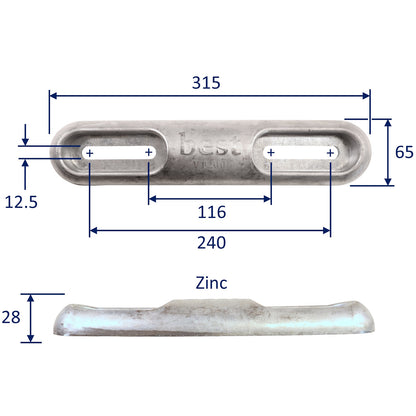 Zinc Sacrificial Anode,  2kg Vetus Type For Hull Mounting, In Salt-Water For Corrosion Protection In Salt-Water