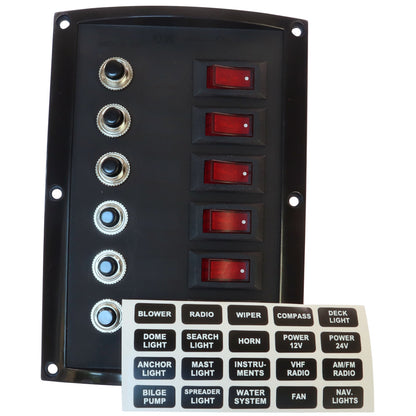 6-Gang Vertical Marine Switch Panel – With Illuminated Rocker Switches And Circuit Breakers