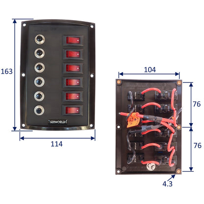 6-Gang Vertical Marine Switch Panel – With Illuminated Rocker Switches And Circuit Breakers