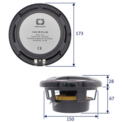 Pair Of Black 6.5” Marine Speakers - Osculati Dual Cone Loudspeakers - Waterproof - UV Resistant