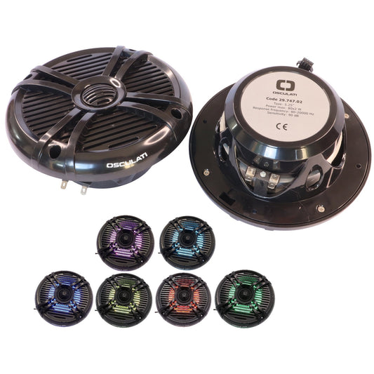 Pair Of 5.25” Osculati Two Way Speakers With Programmable Multicolour LEDS - Waterproof - UV Resistant – 166mm Outside Diameter