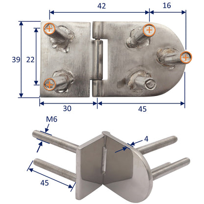 Polished Stainless Steel Hinge 75x39mm With Hidden Fixings (Threaded Studs M6 x 45mm)