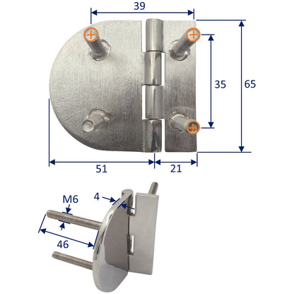Polished Stainless Steel Hinge 72x65mm With Hidden Fixings (Four Threaded Studs M6 x 45mm)