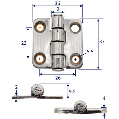 Stainless Steel Butt Hinge With Polished Cover To Conceal Fixings – Marine Grade Stainless Steel – 36x37mm