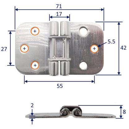 Stainless Steel 180 Degree Hinge – 316 Grade Stainless Hinge With Polished Finish 71 x 42mm