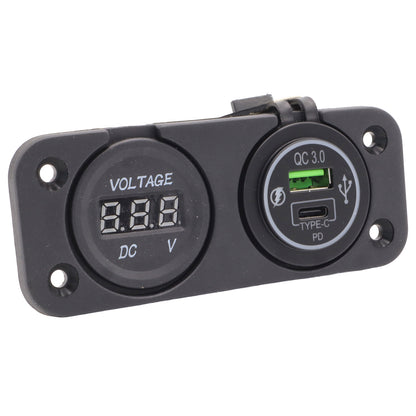 Marine Power Outlet With USB-A & USB-C Including Digital Voltmeter Display