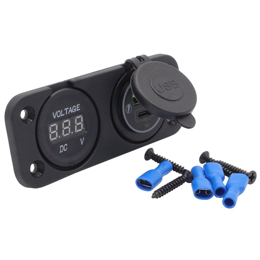 Marine Power Outlet With USB-A & USB-C Including Digital Voltmeter Display