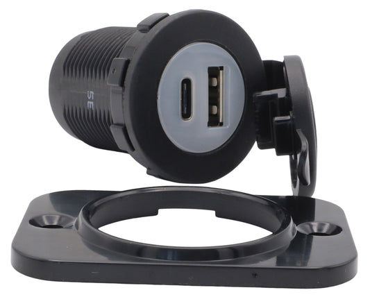 Marine Waterproof USB Socket – Standard USB-A And Micro USB-C Sockets – Blue Illumination
