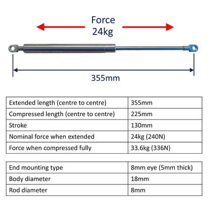 Replacement Gas Strut / Gas Spring – Osculati – Marine-Grade Stainless Steel – 8mm Plain End Bearings - 355mm – 24kg (240N)