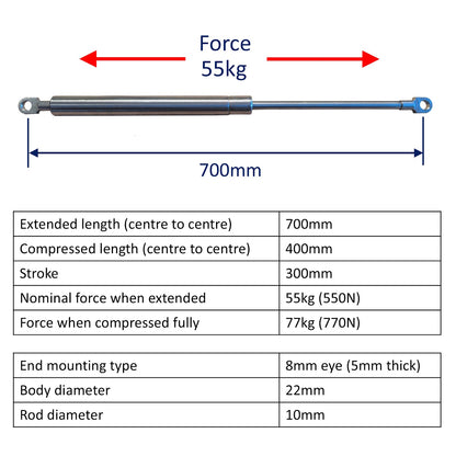 Replacement Gas Strut / Gas Spring – Osculati – Marine-Grade Stainless Steel – 8mm Plain End Bearings - 700mm – 55kg (550N)