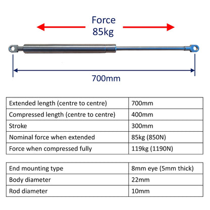 Replacement Gas Strut / Gas Spring – Osculati – Marine-Grade Stainless Steel – 8mm Plain End Bearings - 700mm – 85kg (850N)
