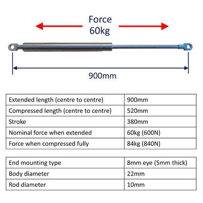 Replacement Gas Strut / Gas Spring – Osculati – Marine-Grade Stainless Steel – 8mm Plain End Bearings - 900mm – 60kg (600N)