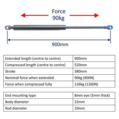 Replacement Gas Strut / Gas Spring – Osculati – Marine-Grade Stainless Steel – 8mm Plain End Bearings - 900mm – 90kg (900N)