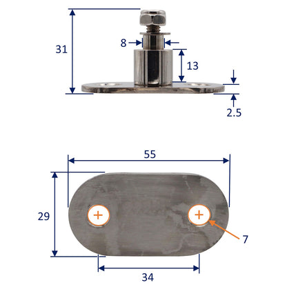 Side Mounted Gas Strut Mounting – 8mm Pin – For Our Osculati Stainless Steel Gas Springs
