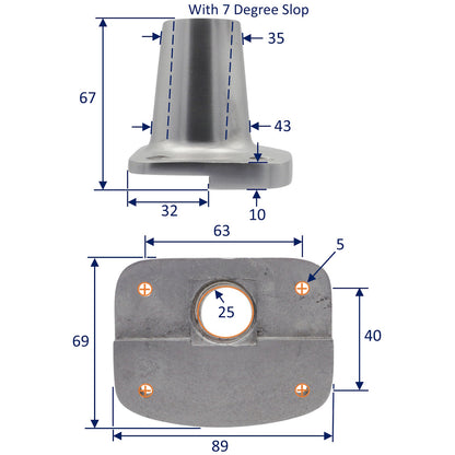 Anodized Aluminium Stanchion Base - Diameter 25mm - 7 Degree Slope