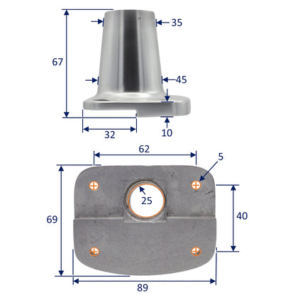 Anodized Aluminium Stanchion Base - Diameter 25mm – Straight 90 Degrees