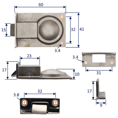 Lifting Handle With Sprung Latch & Strike Plate – For Boat Doors & Drawers – 316-Grade Stainless Steel