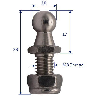 Gas Strut Mounting Ball Joint – 10mm Ball - For Mounting Our Osculati Stainless Steel Gas Springs – M8 Thread Mounting