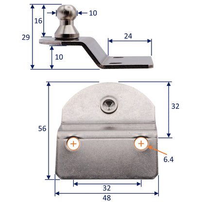 Gas Strut Mounting Plate With 10mm Ball Joint – 10mm Offset – For Mounting Our Osculati Stainless Steel Gas Springs
