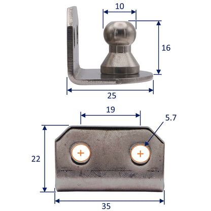 Gas Strut 90-Degree Mounting Plate (Internal) – 10mm Diameter Ball Joint – 316-Grade Stainless Steel – For Our Osculati Gas Struts