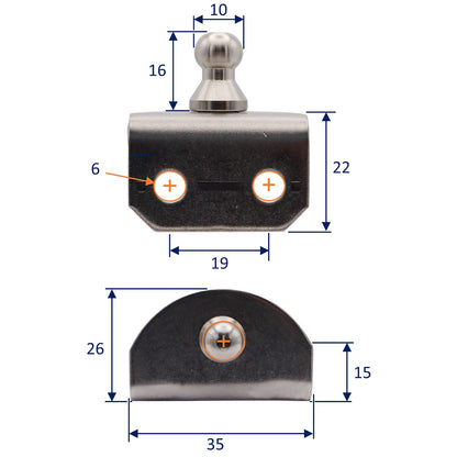 Gas Strut 90-Degree Mounting Plate – 10mm External Diameter Ball Joint – 316-Grade Stainless Steel – For Our Osculati Gas Struts