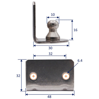 Gas Strut 90-Degree Mounting Plate (Internal) – 10mm Diameter Ball Joint – 316-Grade Stainless Steel – For Our Osculati Gas Struts