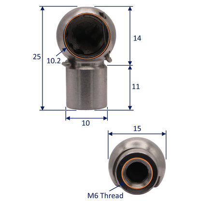Gas Strut Ball Joint Fitting – 10mm Diameter Spherical End Fitting – M6 Female Thread – 316-Grade Stainless Steel
