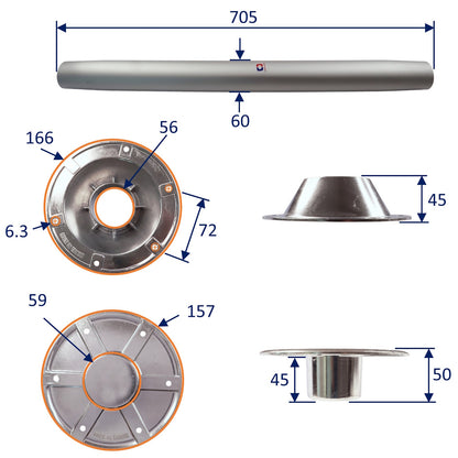 Osculati Table Pedestal Set – Anodised Aluminium Post – Aluminium Base & Top Fittings With Easy Taper Fitment – 700mm Height