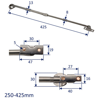Telescopic Hatch Stay – Available In two sizes Range 250 To 425mm Or 300 To 525mm – Polished Stainless Steel