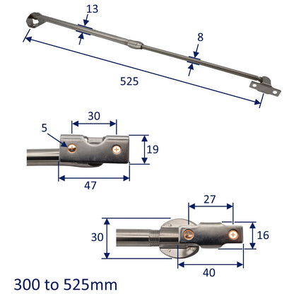 Telescopic Hatch Stay – Available In two sizes Range 250 To 425mm Or 300 To 525mm – Polished Stainless Steel