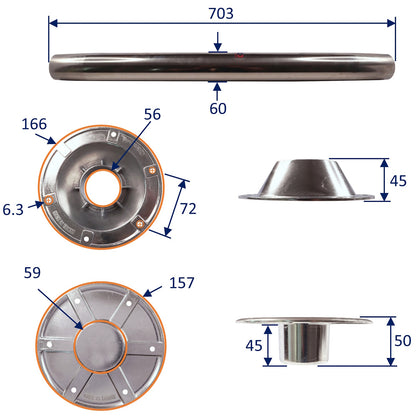 Osculati Table Pedestal Set - Polished Stainless Steel Post – Aluminium Base & Top Fittings With Easy Taper Fitment – 700mm Height