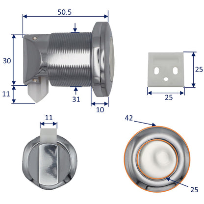 Chromed Push Button Cupboard Door Latch – 42mm Diameter – With Safety Catch