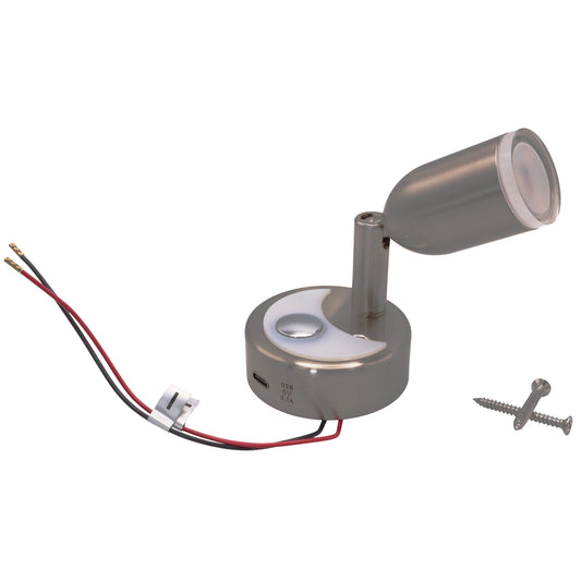 Compact 12V LED Spotlight – Brushed Aluminium Finish – With Blue Night-Light – 280 Lumen – With USB-C Port