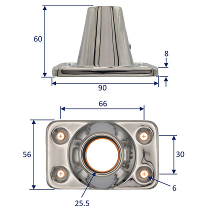 Straight Stanchion Mounting Base – For 25mm Stanchions – Polished 316-Grade Stainless Steel