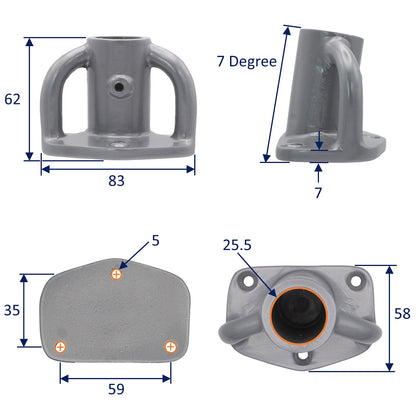 Aluminium Stanchion Base For 25mm Stanchion Post – 7-Degree Angle – Grey Anodised Finish