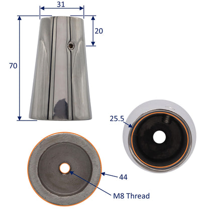 25mm Stanchion Post Base / Rail Base With M8 Internal Thread – For 25mm Tube - 316 Grade Stainless - Polished Finish