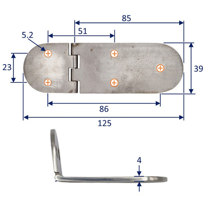 Hinge 126mm x 40mm – 316 Grade Stainless Hinge With Rounded Ends And Polished Finish