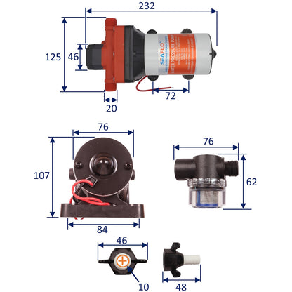 SEAFLO Water Pressure Pump- 42 Series - 24 Volts - Open Flow 5.0 GPM - Max Draw 7.5A - 4-Chamber Diaphragm Pump