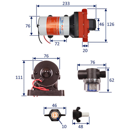 SEAFLO Water Pressure Pump - 42 Series -12 Volts – Open Flow 5.0 GPM – Max Draw 7.5A – 4 Chamber Diaphragm Pump