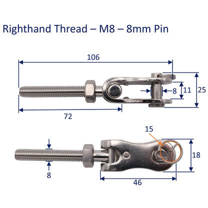 Fork End Toggle With Right-Hand Thread – 316 Stainless Steel – Available In 4 Sizes