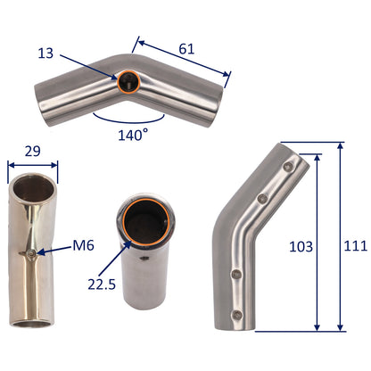 Tube Elbow Fitting At 140 Degree Angle - Available In Sizes To Fit 22mm And 25mm Tube  - 316 Grade Stainless Steel