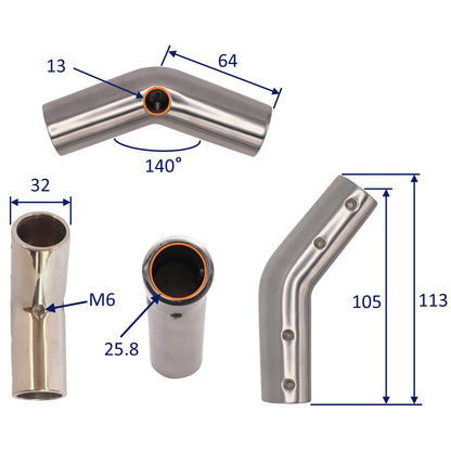 Tube Elbow Fitting At 140 Degree Angle - Available In Sizes To Fit 22mm And 25mm Tube  - 316 Grade Stainless Steel