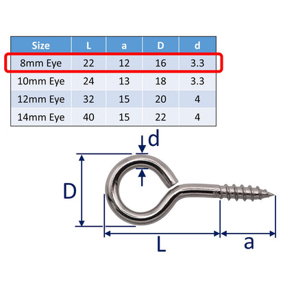 Screw Eye With Wood Thread – A4 Stainless Steel – Available In 4 Sizes