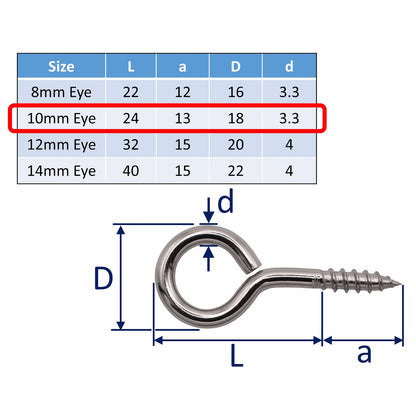 Screw Eye With Wood Thread – A4 Stainless Steel – Available In 4 Sizes