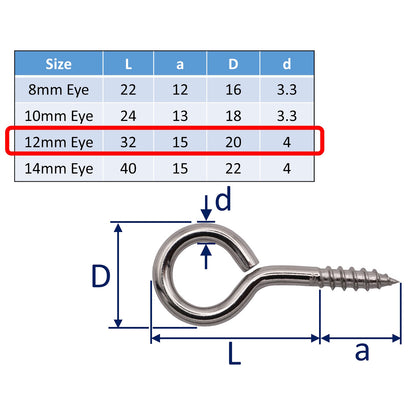 Screw Eye With Wood Thread – A4 Stainless Steel – Available In 4 Sizes
